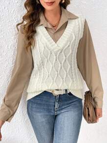 Chiquease 1pc Cable Knit Sweater Vest - White - View 3
