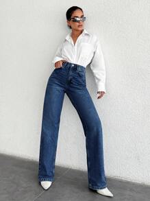 SHEIN Cottnline 100%Cotton Ladies' Zipper Fly Denim Jeans - Dark Wash - View 3