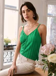 SHEIN Frenchy 素色麻花編織吊帶上衣 - 綠色 - 查看 1