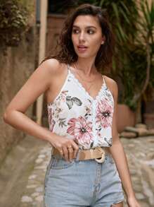 SHEIN Frenchy Floral Print Guipure Lace Insert Cami Top - Multicolor - View 6