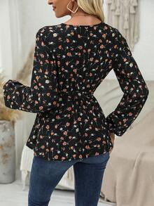 SHEIN Frenchy In hoa Ditsy Tay áo lồng đèn Thắt lưng Áo sơ mi - Nhiều màu - Xem 2