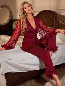 SHEIN Contrast Heart Mesh Flounce Sleeve Belted PJ Set / Pajama Set, Fall Winter Clothes - Burgundy - View 5