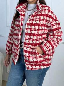 SHEIN LUNE Plus Plaid Print Drop Shoulder Teddy Jacket Fall Cloth For Women - Apricot - View 4