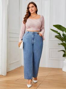 SHEIN Privé 大碼高腰直筒牛仔褲 - 藍色 - 查看 5