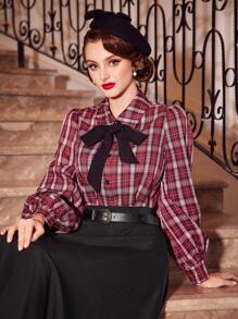 Vintamour 格子蝴蝶結領裙襯衫 - 彩色 - 查看 4