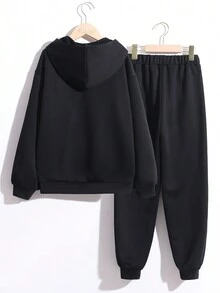 SHEIN Con trai Và Cô gái Lỏng lẻo áo có mũ Đồ họa Áo nỉ Và Quần thể thao Bộ - màu đen - Xem 3