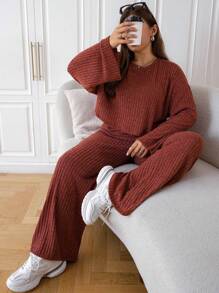 SHEIN EZwear 大碼針織落肩袖羅紋兩件套套裝 - 珊瑚橙 - 查看 1