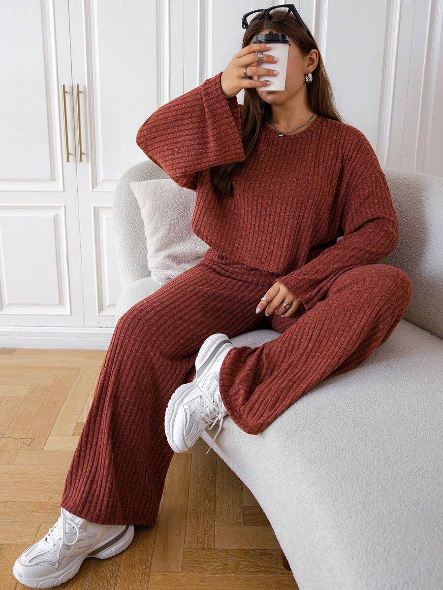 SHEIN EZwear 大碼針織落肩袖羅紋兩件套套裝 - 珊瑚橙 - 查看 1