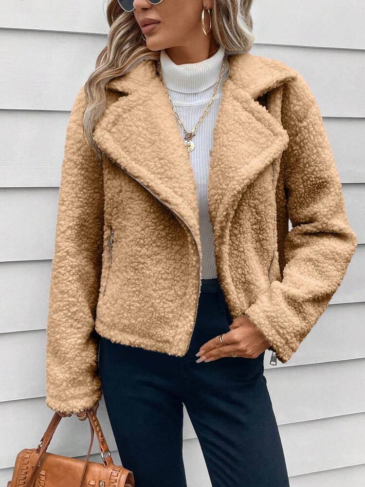 Lapel Neck Zip Up Teddy Moto Jacket