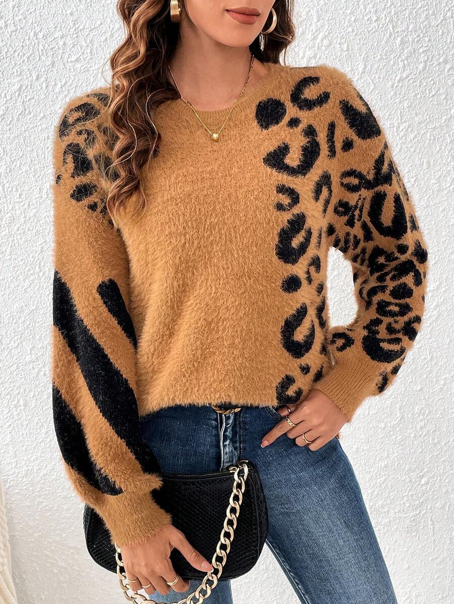 SHEIN Frenchy Leopard Pattern Drop Shoulder Sweater - Brown - View 1