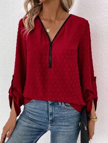 SHEIN LUNE 拉鍊半釦紋點織物恤衫,卷起袖子款式 - 酒紅色 - 查看 6