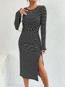 Chiquease Striped Print Ruched Front Split Thigh Dress Maxi Women Outfit - Black and White - View 1