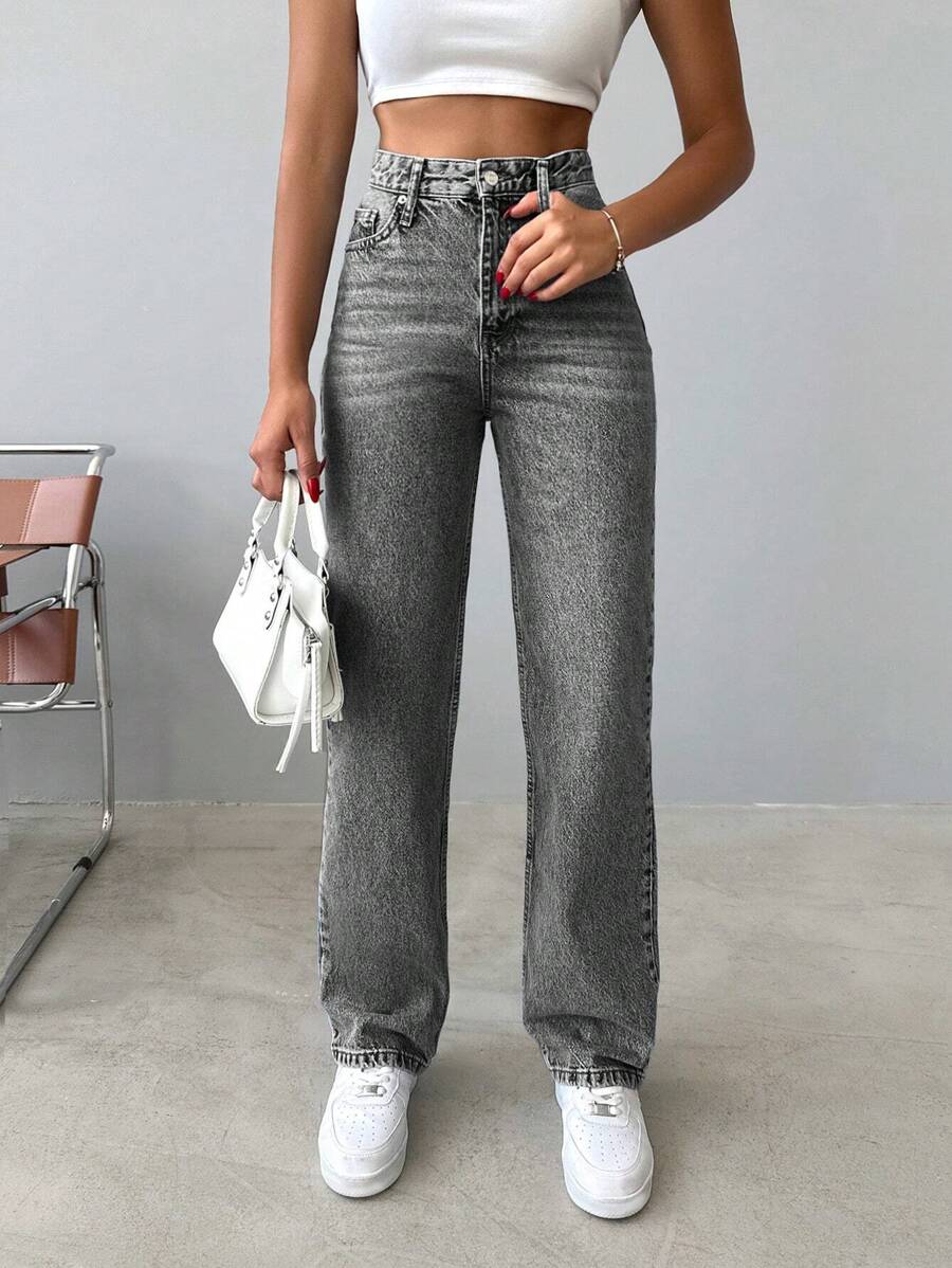 EURMUSE Casual Washed Straight Leg Jeans - Grey - View 1