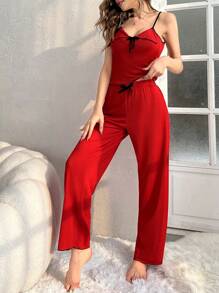 Contrast Binding Cami Top & Wide Leg Pants Lounge Set - Red - View 5