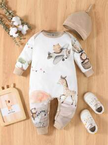 男嬰卡通圖案撞色滾邊連身褲&帽 - 白色 - 查看 1