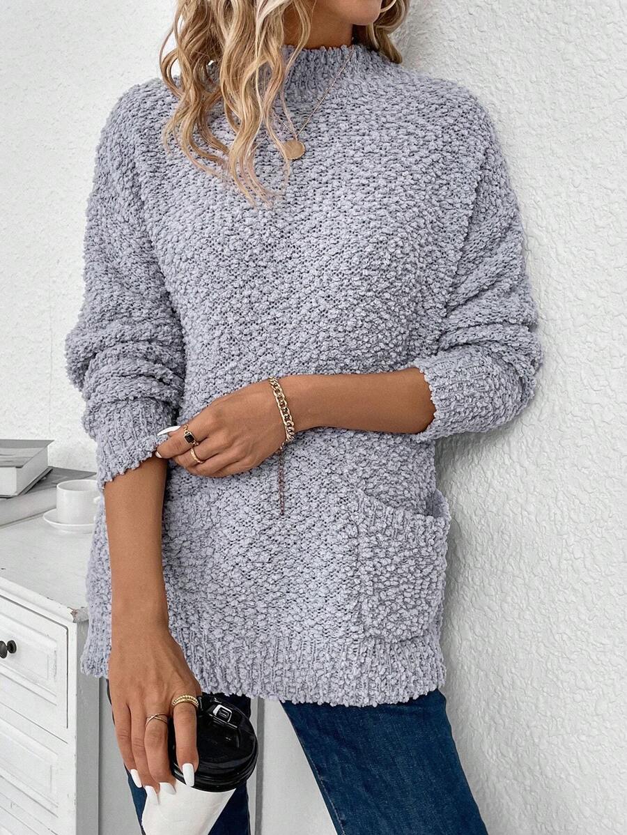 Chiquease Mock Neck Dual Pocket Drop Shoulder Sweater Knit Pullover Fall Winter Outfit - Dusty Purple - View 1