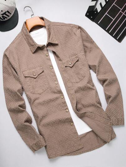 Manfinity Homme Herr Plus Size Långärmad Denimskjorta med Flikfickor, Höst