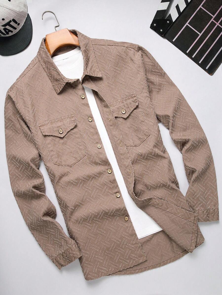 Manfinity Homme Men Plus Size Long Sleeve Flap Pocket Denim Shirt Top, Fall