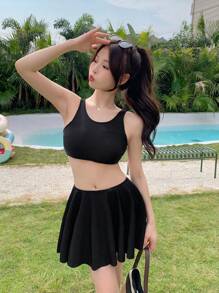 DAZY Solid High Waist Tankini For Summer Beach Vacation - Black - View 3