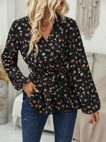 SHEIN Frenchy In hoa Ditsy Tay áo lồng đèn Thắt lưng Áo sơ mi - Nhiều màu - Xem 4