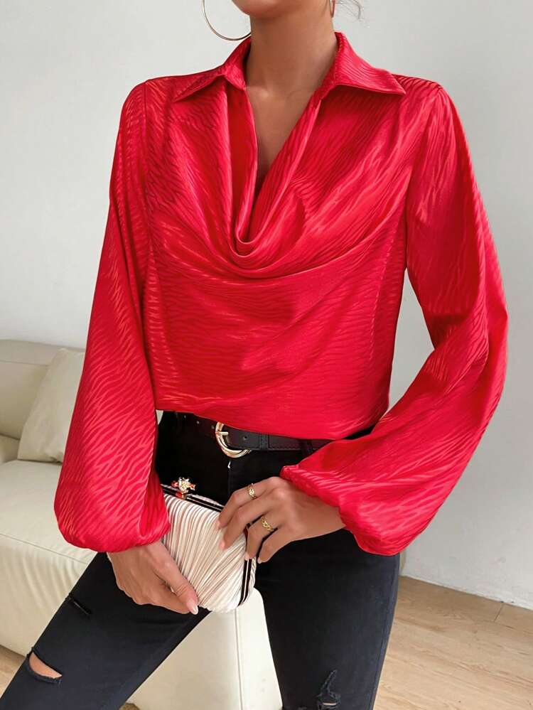 Draped Collar Lantern Sleeve Blouse