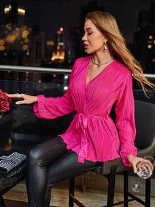 SHEIN Privé 燈籠袖腰帶褶皺襯衫 - 玫紅色 - 查看 3