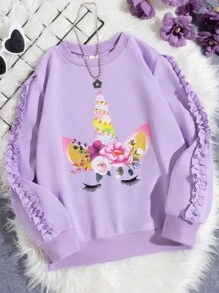 SHEIN 女大童花卉圖案&獨角獸印花褶邊加絨內裏套頭衫 - 紫色 - 查看 1