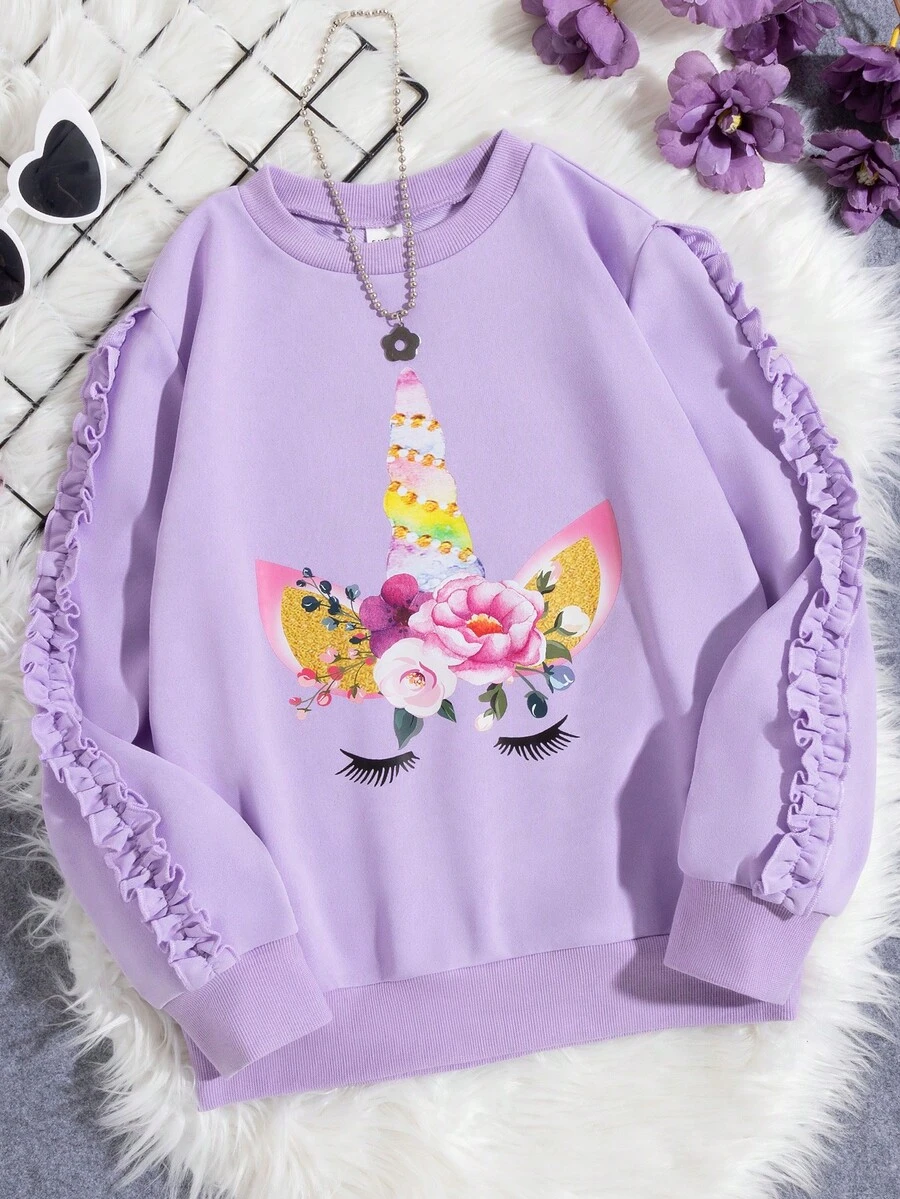 SHEIN 女大童花卉圖案&獨角獸印花褶邊加絨內裏套頭衫 - 紫色 - 查看 1