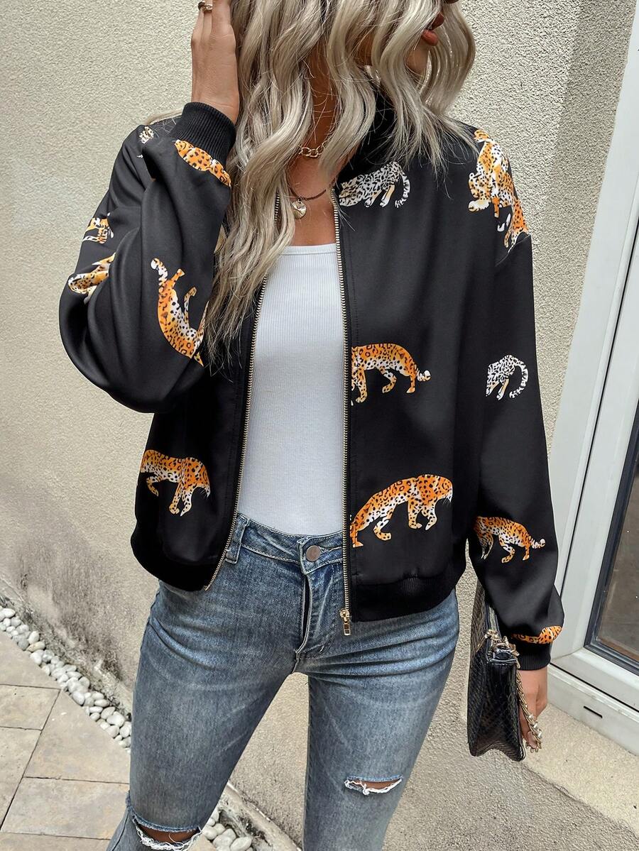 SHEIN LUNE 豹紋印花拉鏈開襟飛行員夾克 - 黑色 - 查看 1