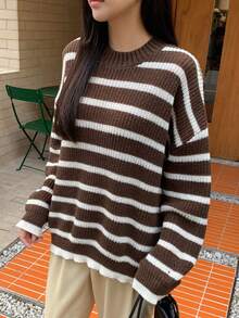 DAZY 女式圓領條紋放肩毛衣 - 咖啡棕 - 查看 5