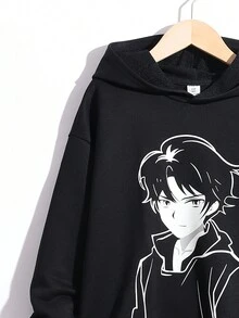 SHEIN Con trai Và Cô gái Lỏng lẻo áo có mũ Đồ họa Áo nỉ Và Quần thể thao Bộ - màu đen - Xem 6