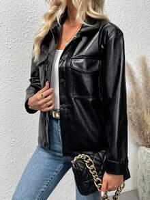 SHEIN Essnce 休閒口袋 前紐扣純色女士常規外套 - 黑色 - 查看 3