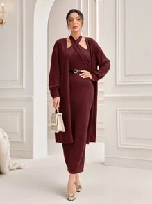 Modelyn Burgundy Red Solid Bodycon Halter Dress & Open Front Coat Without Belt 2 Piece Set - Burgundy - View 3