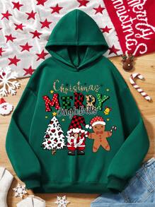 SHEIN EZwear Christmas Print Drop Shoulder Hoodie - Dark Green - View 1