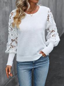 SHEIN LUNE Guipure Ren tương phản Tay áo lồng đèn Áo len - trắng - Xem 5