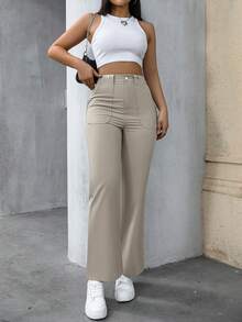 SHEIN Essnce Solid Wide Leg Pants - Khaki - View 4