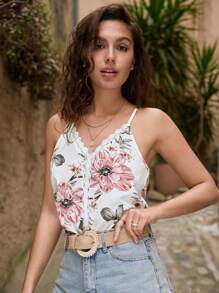 SHEIN Frenchy Floral Print Guipure Lace Insert Cami Top - Multicolor - View 3