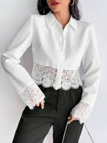 SHEIN Privé 蕾絲袖口下擺短款襯衫 - 白色 - 查看 6