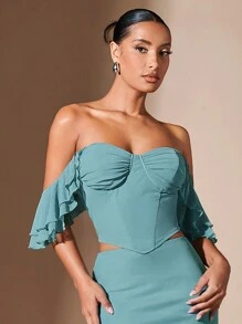 SHEIN BAE Blusa Con Volantes Y Sin Hombros Para Mujer - Verde - Ver 1