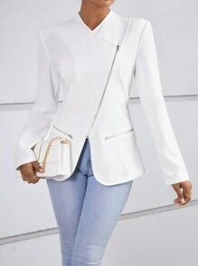 SHEIN Privé Cổ áo thác nước Dây kéo áo - trắng - Xem 4