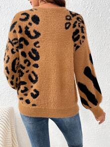 SHEIN Frenchy Leopard Pattern Drop Shoulder Sweater - Brown - View 2