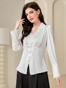 Modelyn Quý cô Màu thuần Chi tiết Nút Áo sơ mi - trắng - Xem 5