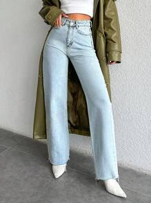 EURMUSE High Waist Straight Leg Jeans - Blue - View 4