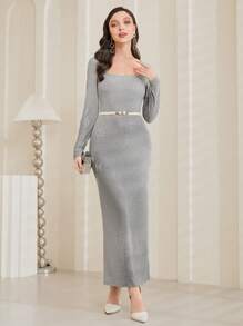 Modelyn Solid Square Neck Fitted Dress Without Belt - Grey - View 6