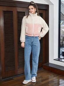 SHEIN EZwear 双色拉链泰迪夹棉大衣 - 白色 - 查看 3
