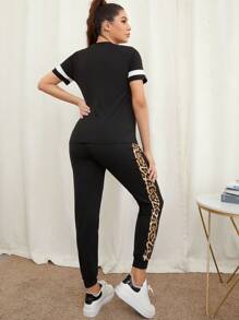 SHEIN Maternity Leopard Panel Top & Contrast Sideseam Sweatpants Set - Black - View 2
