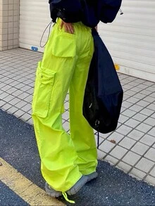 Solid Drawstring Hem Cargo Pants - Green - View 2