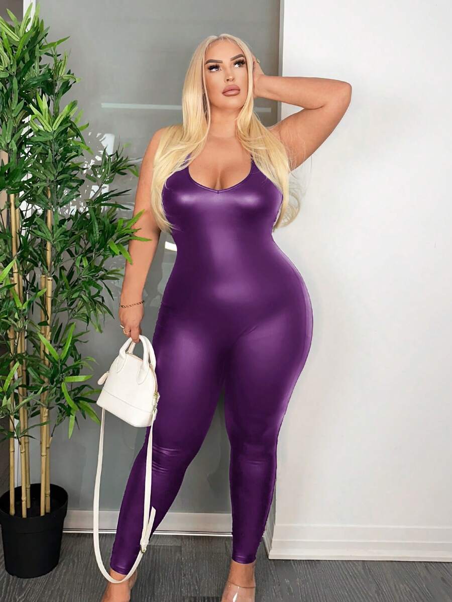 SHEIN SXY Plus Solid PU Leather Unitard Jumpsuit - Purple - View 1