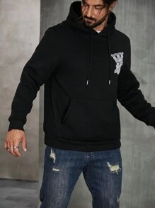 Manfinity LEGND Men Plus Letter Graphic Drawstring Hoodie - Black - View 4