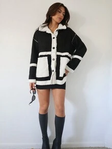 SHEIN Essnce 撞色前紐扣雙口袋落肩袖外套 - 黑色 - 查看 5
